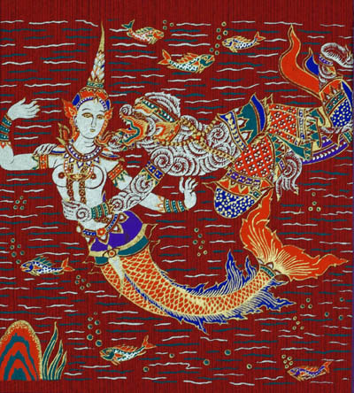 serigraphie du cambodge ramayana sirene sur fond rouge